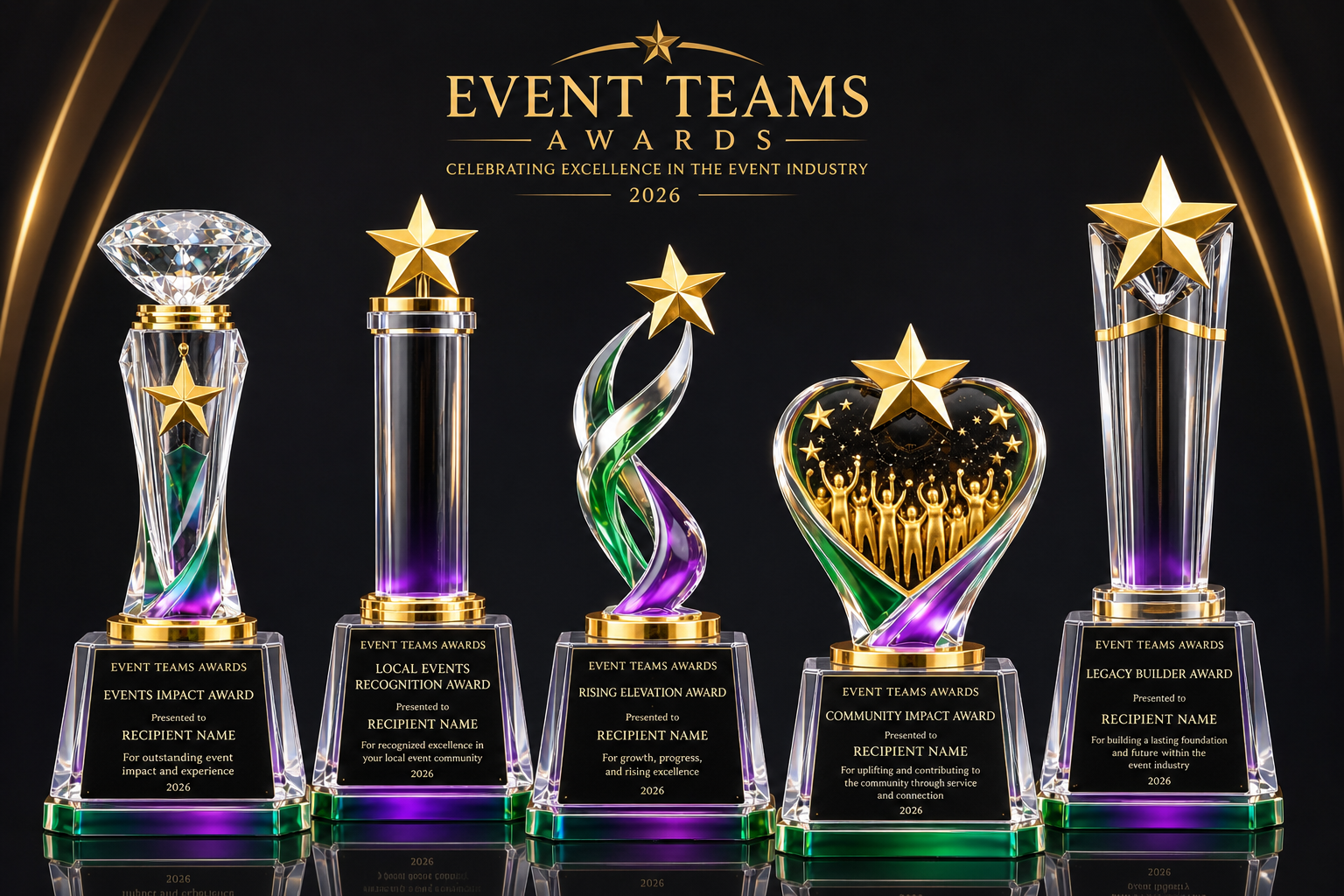 Event Teams Awards 2026 crystal, gold, and emerald trophy collection