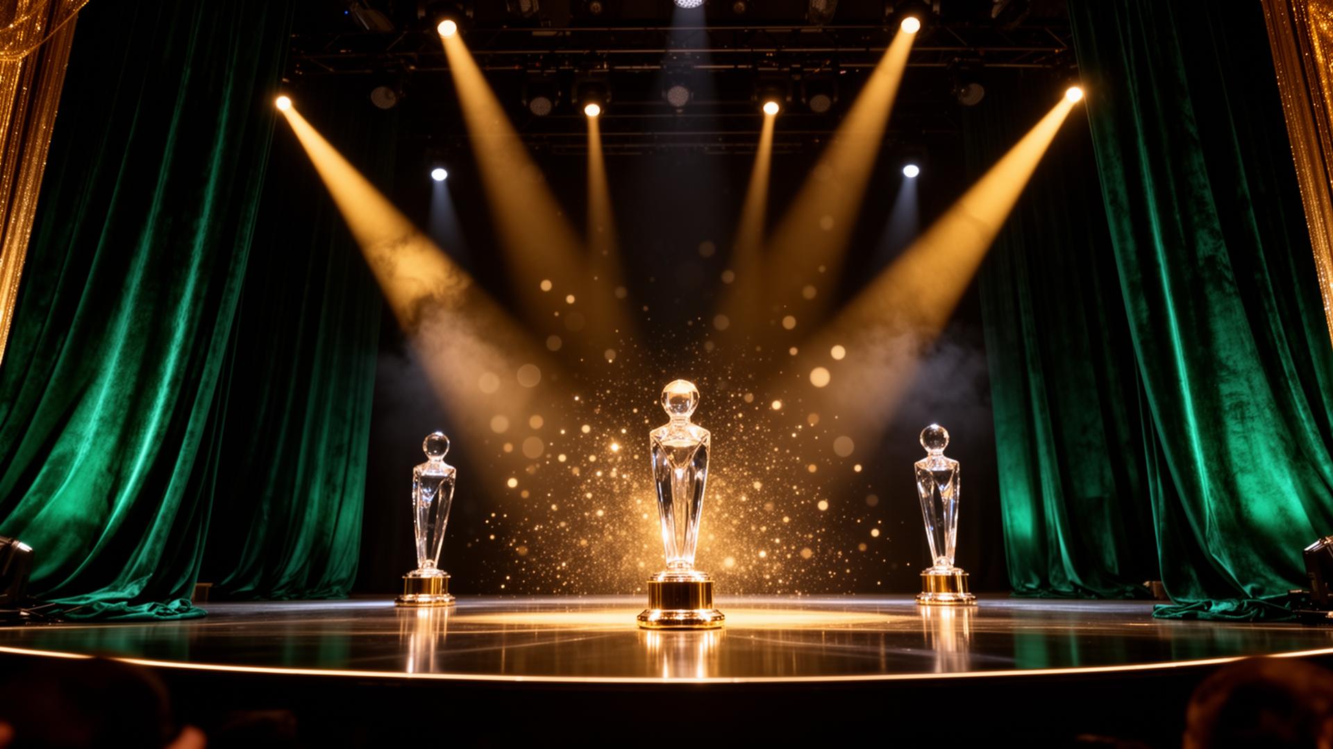 Cinematic awards stage with emerald curtains, gold spotlights, and crystal trophies